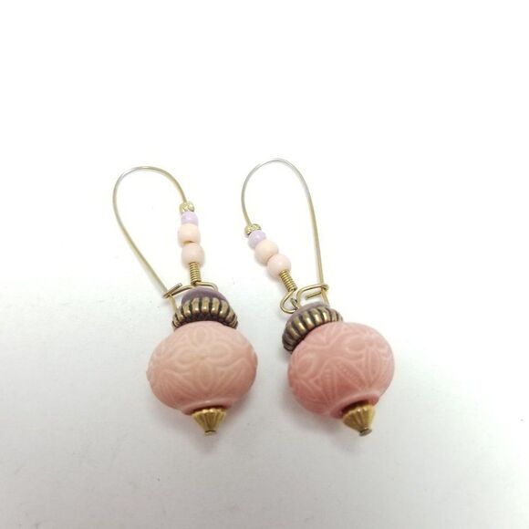 Vintage Light Pink Beaded Dangle Earrings, Boho Pastel Style Design, Estate - Picture 2 of 5